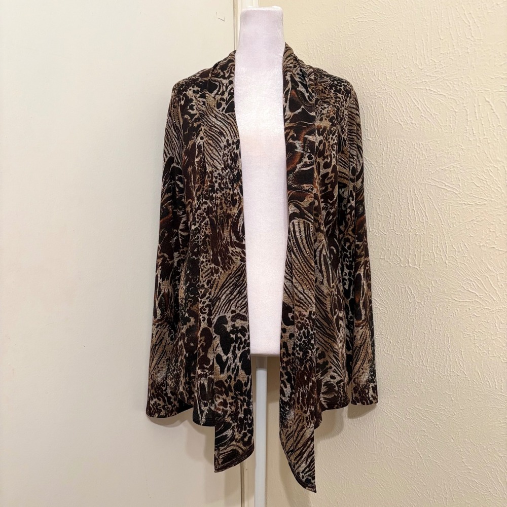 Animal Print Open Front Cardigan Metallic Gold Glitter Brown Leopard Zebra XL